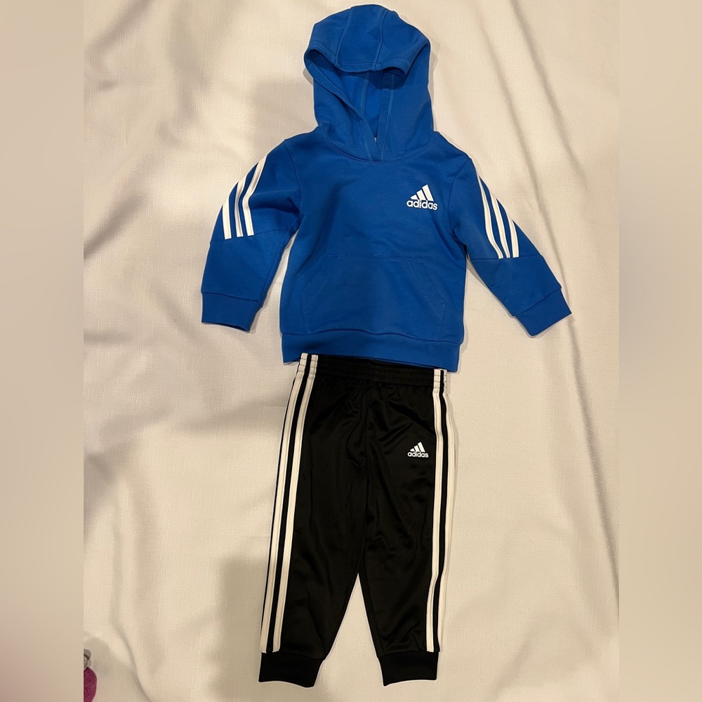 Adidas Kids Blue Hoodie and Black Joggers Set 2T Track Pants White Stripes - Picture 3 of 6